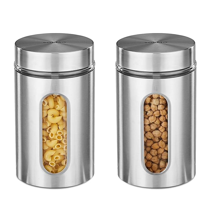 Amazon Brand - Solimo Set of 2 Oval Window Steel Jacketed Glass Jar | Multipurpose Kitchen Organizer with See-Through Window | 1200 ml| Silver
