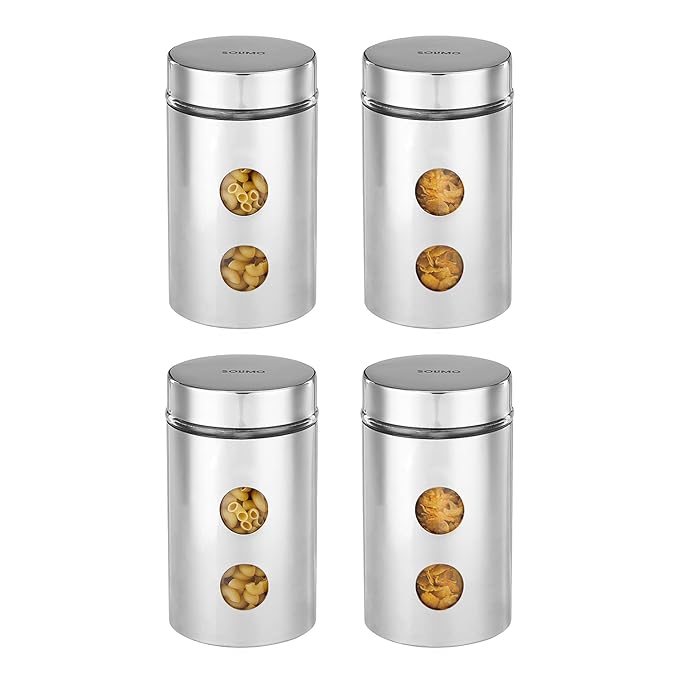 Amazon Brand - Solimo Drip Window Steel Jacketed Glass Jar | Multipurpose Kitchen Organizer With See-Through Window | 1200 Ml Set Of 4 - Silver