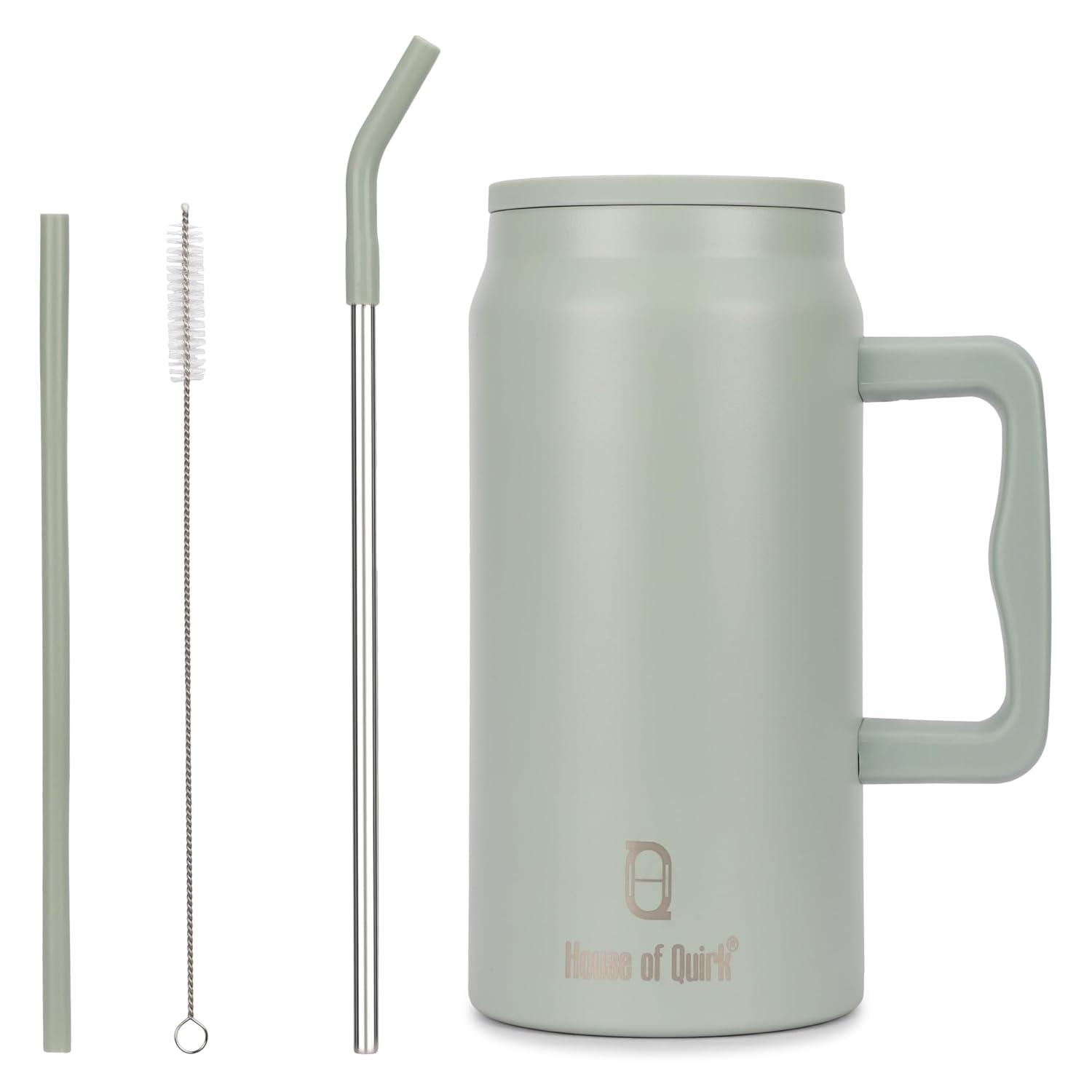 House of Quirk 1500ML Stainless Steel Mug Tumbler with Handle & Straw Lid – Large Water Bottle for Men & Women (Pistachio)