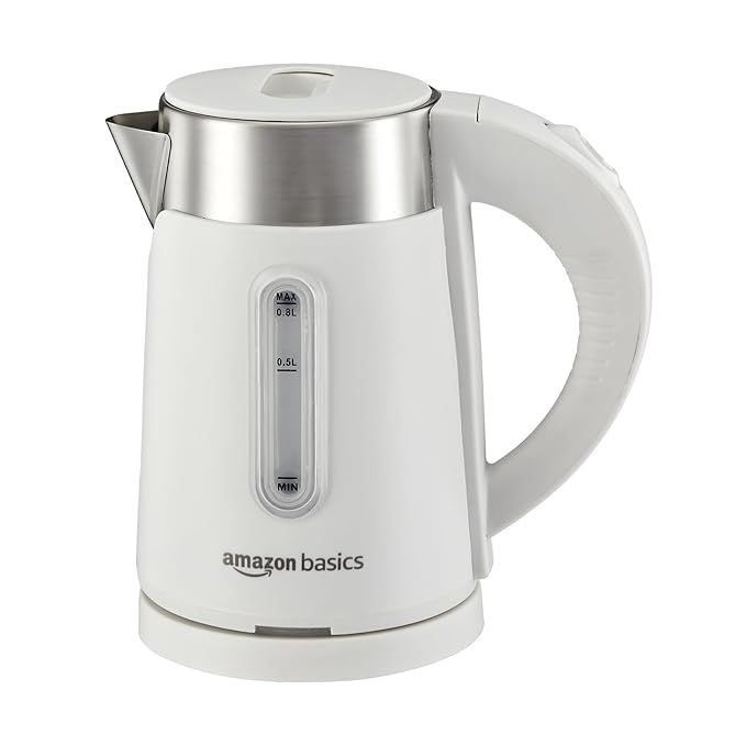 Amazon Basics 0.8 Litre Electric Kettle | 800W | 360° Swivel Base | Led Indicator | Dry Boil Protection | Auto Shut-off & Overheat Protection | Multipurpose Travel Kettle | Stainless Steel, Plastic