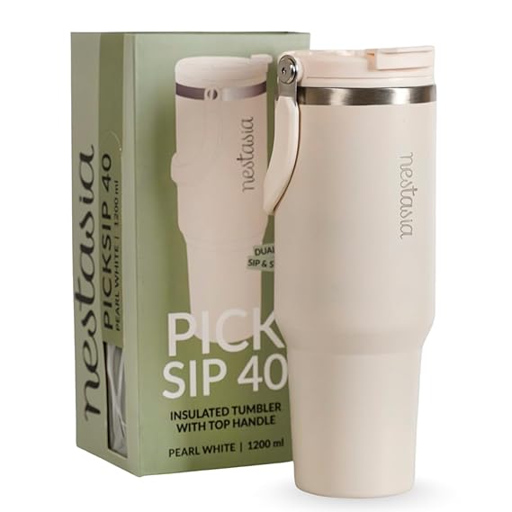 Nestasia PickSip40 Tumbler with Straw & Top Handle 1.2L | Insulated Stainless Steel Sipper Water Bottle for Adults with Dual Flip Opening Sip-Swig Leakproof Lid for Office & Gym (Pearl White)