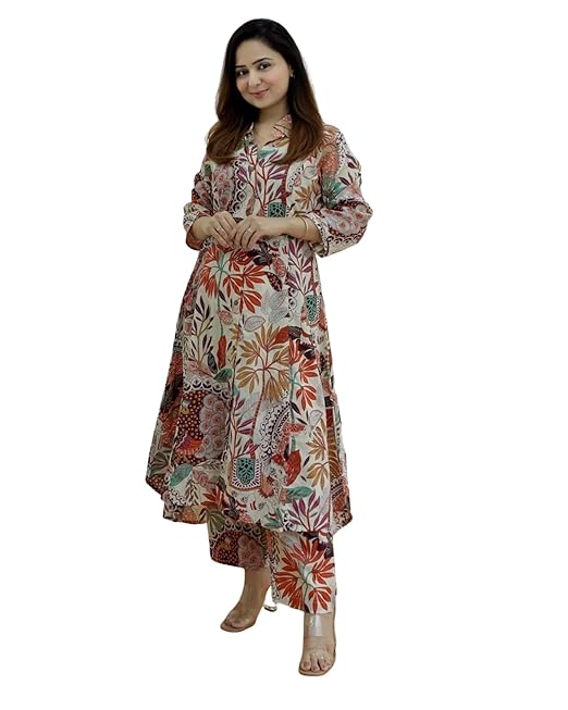 GRECIILOOKS Co ord set for women stylish | Anarkali Kurta-Set – Viscose Rayon Printed Kurta & Straight Pant | kurtis| Festive Indian Traditional Outfit Dress for Functions & Puja | Trendy Travel & Streetwear Look for Women | 3/4 Half Sleeve