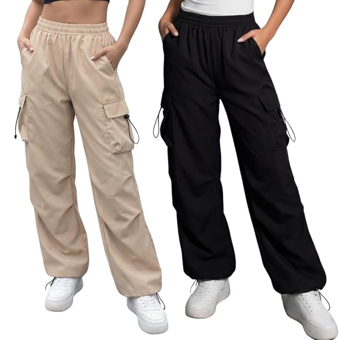 GRECIILOOKS Women's Cargo Pants|Trousers |High Waist Cotton Trouser |Flared Parachute Pants with Side Pockets | Cargo Pant|Elegant for College & Events
