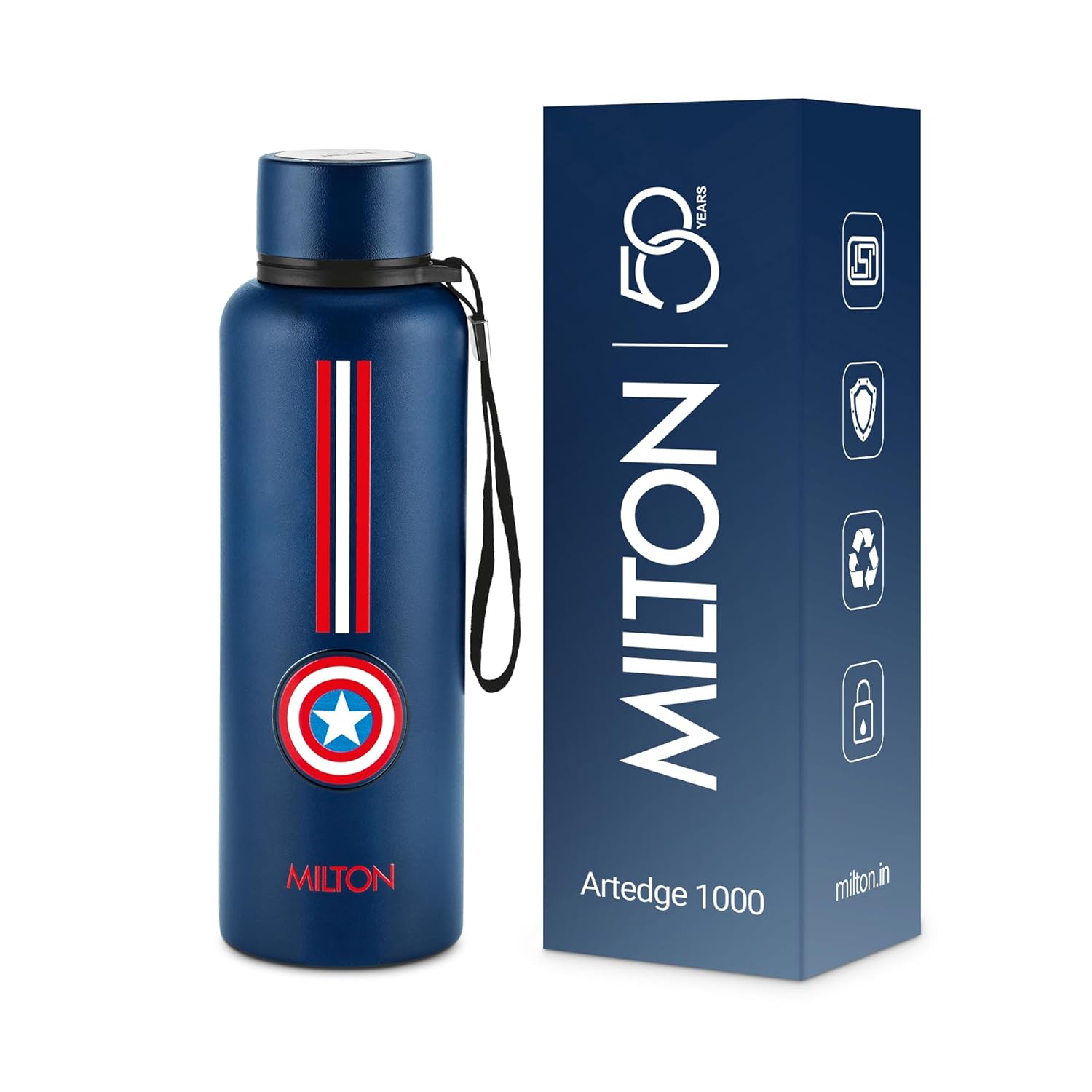 Milton Artedge 1000 Thermosteel ISI Certified Water Bottle, 1000 ml Stainless Steel, 24 Hr Hot and Cold I Leak Proof, Vacuum Insulation, for Office, School, Gym, Dark Blue Captain America