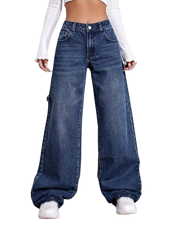 GRECIILOOKS High Waist Jeans for Women – Wide Leg Straight Fit Denim | Baggy Cargo Style Casual Pants for Girls & Daily College Wear