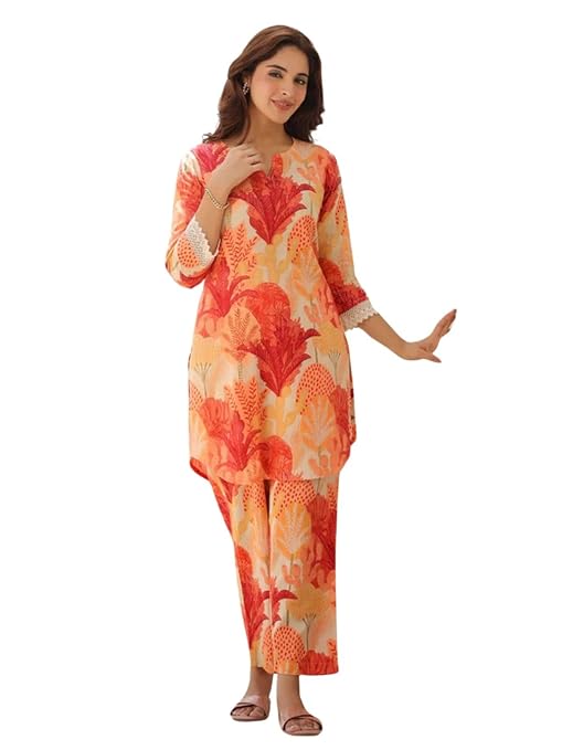 GRECIILOOKS Co-ord Set for Women Stylish | Kurti Set for Woman | Short Kurti for Women Latest | Dress for Woman | Rayon Printed V-Neck Design for Womens 3/4 Sleeve