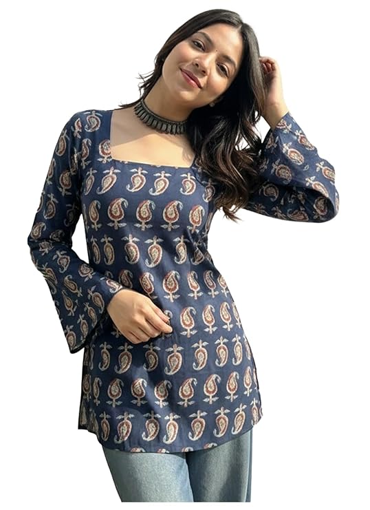 ANNI Designer Women’s Viscose Blend Printed Short Kurti | Straight Fit Ethnic Top with Square Neck | Bell Sleeve Indian Kurta for Office College Casual Use