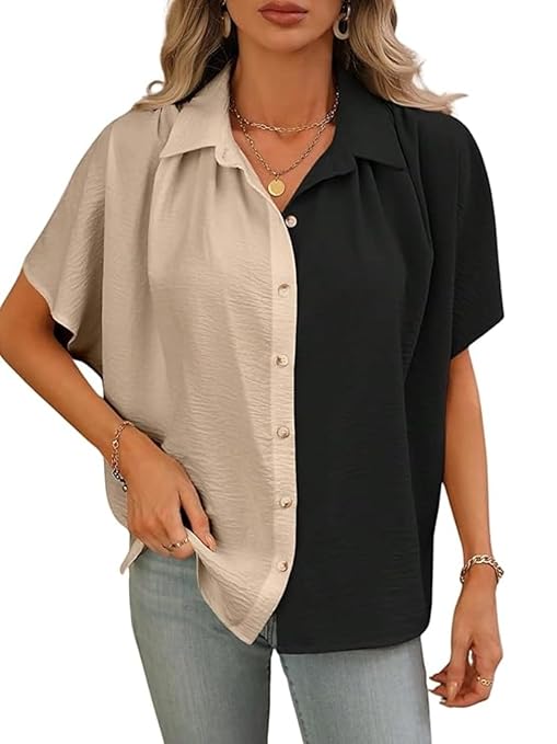 GRECIILOOKS Shirts for Women Korean Style Short Sleeve Oversized Button Down | Plus Size Workwear Top for Office & Casual Wear (Available in Plus Size) Polycotton