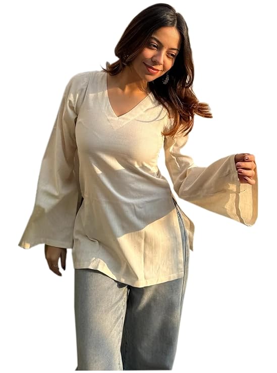 ANNI Designer Short Kurti for Women Latest Solid Design | V Neck Full Sleeve Kurti Tops for Women | Stylish Kurtis & Short Kurtis for Woman | Casual Kurti with Jeans | Kurtas for Woman