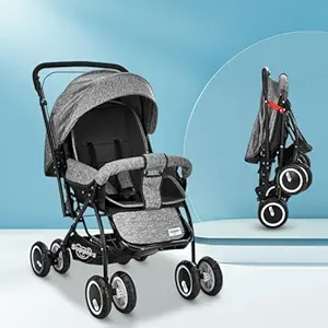 Amazon Brand – Supples Baby Stroller/Pram for Newborns & Toddlers (0–3 Years) | Foldable, 5-Point Safety Harness, Reclining Seat, Storage Basket, Adjustable Backrest, 360° Wheels | Grey & Black