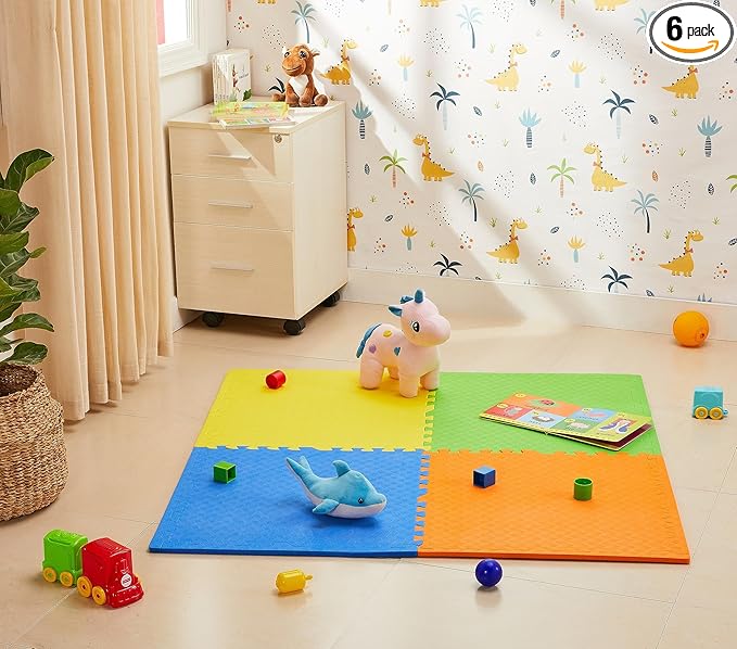 Amazon Brand - Supples Interlocking Eva Foam Mat | Pack of 6 | 1.2 cm Thick | 60 x 60 cm | Activity Mat for Kids 6+ Months | for Home, School & Playground | Durable &Easy Storage | Multicolor