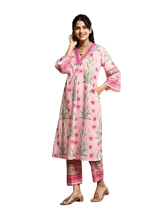 Amazon Brand - Anarva Women's Pure Cotton Printed Kurta with Pant Set – Soft & Breathable Floral Design