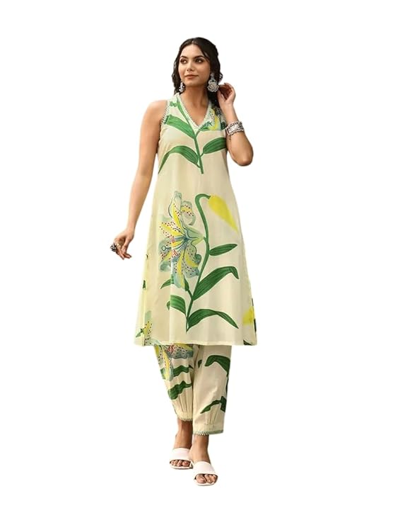 Amazon Brand - Anarva Women's Pure Cotton Sleeveless Hand Block Printed Kurta with Pant