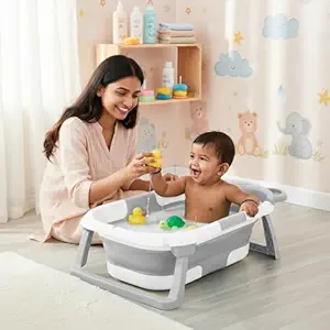 Amazon Brand - Supples Baby Bath Tub for 0-3 Years | Double Foldable Bathtub for Baby & Kids with Soap Tray, Space Saving Design (White & Grey)
