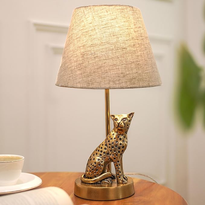 BEHOMA Luxury Jaguar Figurine Table Lamp with Antique Gold Aluminium Base & Fabric Shade | Elegant Home & Office Decor | Gift for Men, Kids, Housewarming Anniversary & Birthday (Bulb Not Included)
