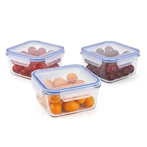 Amazon Brand - Solimo Square Glass Food Storage Container, 900 ml - Set of 3, Airtight & Leakproof, Microwave & Freezer Safe, Transparent