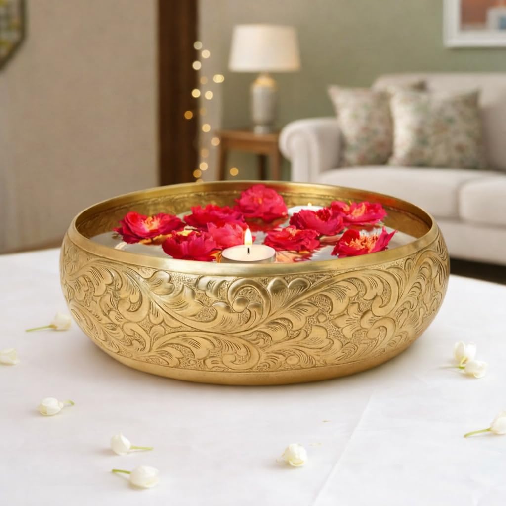 Golden Aluminium Urli Bowl with Brass Coating 10 Inch | Chitai Decorative Urli for Center Table & Home Décor | Floating Flower Bowl for Wedding, Haldi, Mehendi & Mandap | 1 Pc