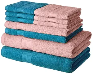 Amazon Brand - Solimo 100% Cotton 10 Piece Towel Set, 500 GSM (Turquoise Blue and Baby Pink)