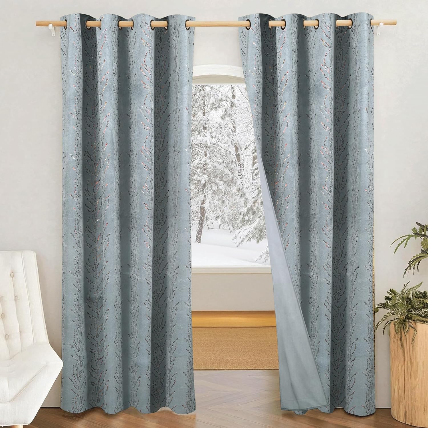 Amazon Brand - Solimo Polyester Velvet FOIL Door Curtains (Pack of 2, 7 FEET, Grey) | LeafBlackout,