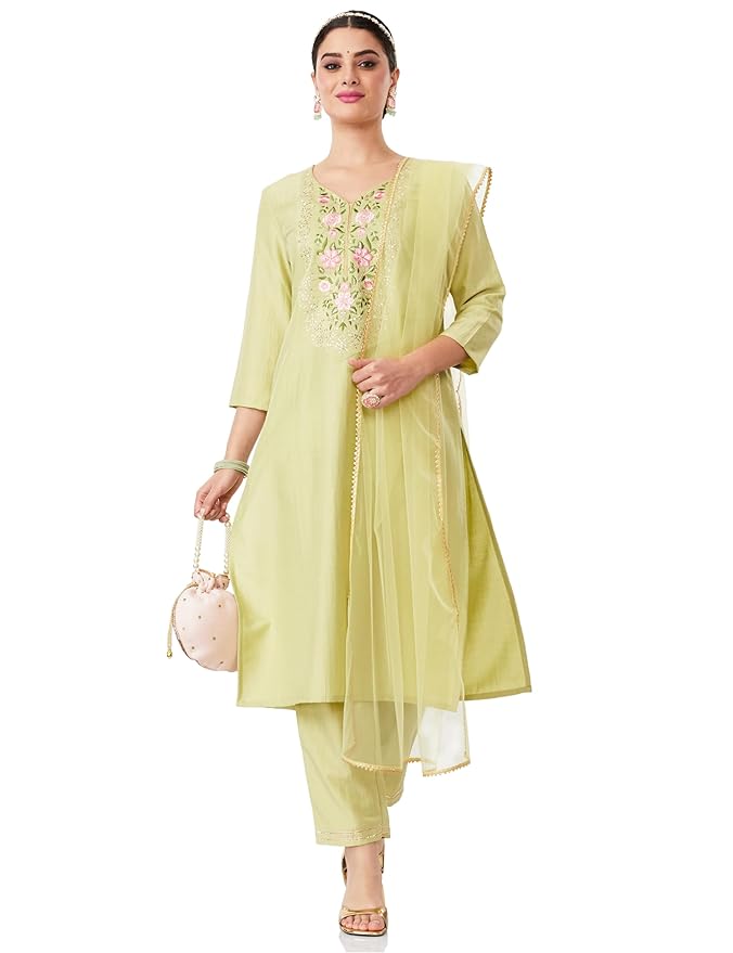 Amazon Brand - Myx Women's Embroidered Kurta Pant Set with Dupatta (Available in Plus Sizes)