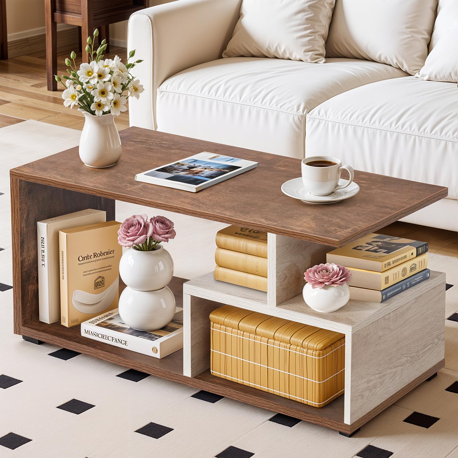 ABOUT SPACE Coffee Table - Portable Wooden Centre Table with Storage & Open Rack - DIY Furniture - Sofa Tea Poyee Table for Living Room, Home, Office (Walnut- L 100 x B 40 x H 47 cm)