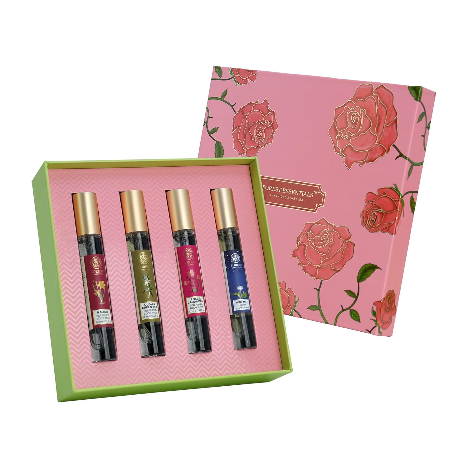 Forest Essentials Luxury Unisex Liquid Perfume Gift Box|4 Long Lasting Floral Scents X 10Ml Each|Nargis, Rose, Oudh & Jasmine Saffron