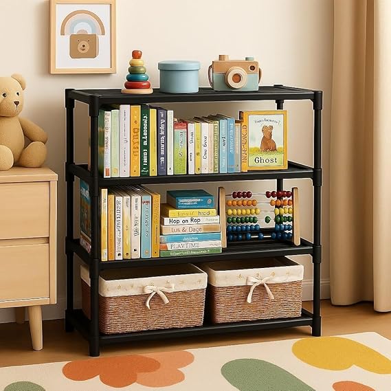 4 Tier Book Self Portable Book Shelf, Kids Books Racks for Home Plastic, Bookshelf for Home, Book Shelves, Stand, Organizer, Book Rack for Study Room/Library/Bedroom-Black (Black, 4-Shelf)