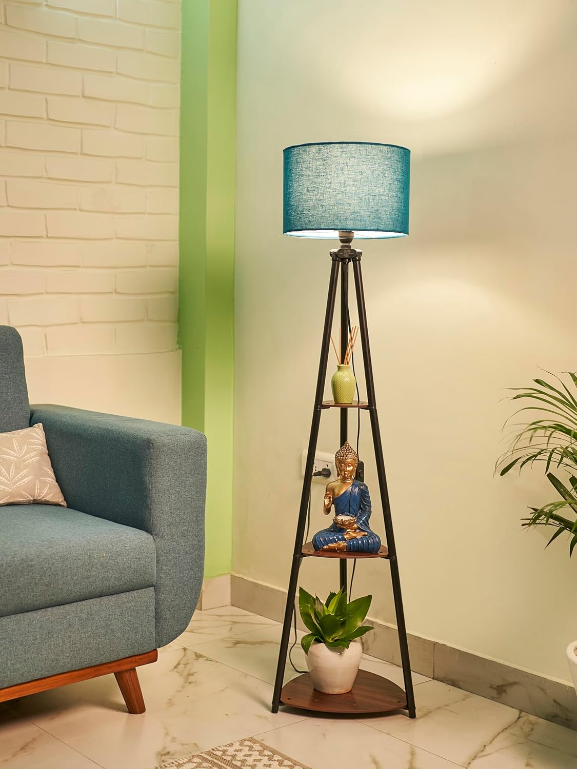 Crosscut Furniture Wood Tower Floor Lamp with Printed Shade (Fresh Yellow), Led