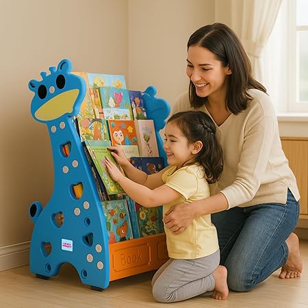 Amazon Brand - Jam & Honey Animal Theme Bookshelf for Kids|4-Tier Display Rack |Storage|Organizing|Kids Bookcase|Perfect for Home,Play-Schools,Nursery|Easy Assembly| Compact|Plastic,Blue Orange
