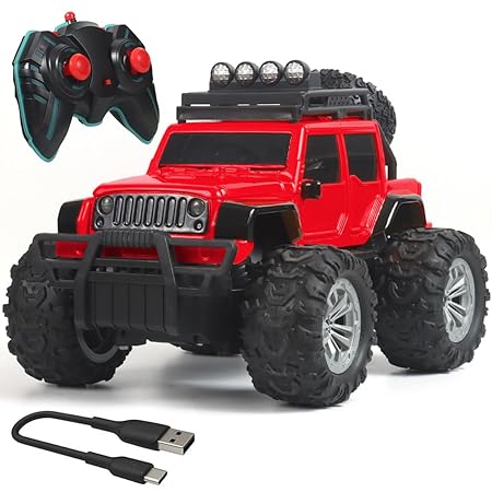 Wembley Offroad Rechargeable Remote Control Car Toy for Boys | Monster Truck RC Car with 4 Headlight Modes | Lithium Battery | C-Type Charging | Remote Car for Kids Adult | Made in India - Red