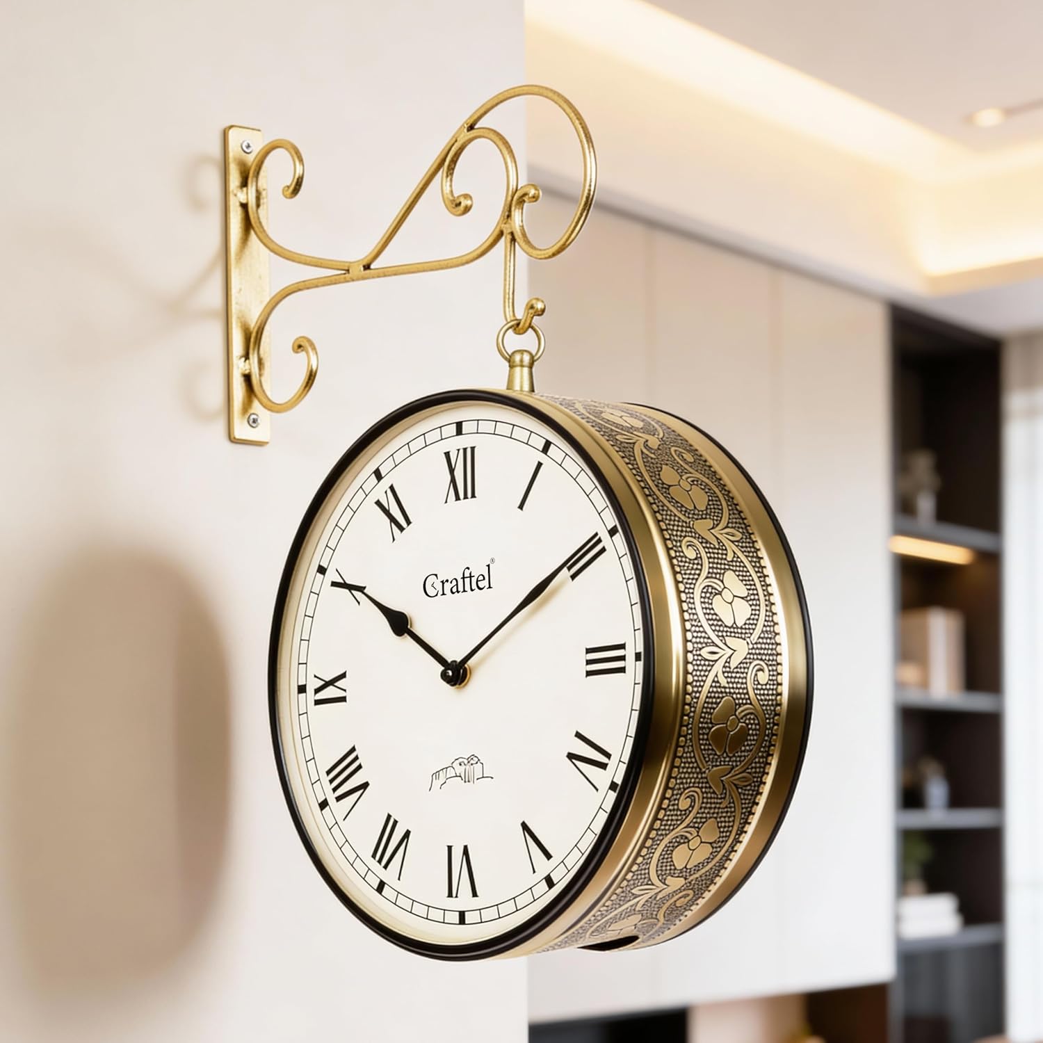 CRAFTEL Metal Roman Dial Railway Clock Double Sided Vintage Analog Wall Clock for Living Room Home and Office (Shiny Gold :12 Inches)
