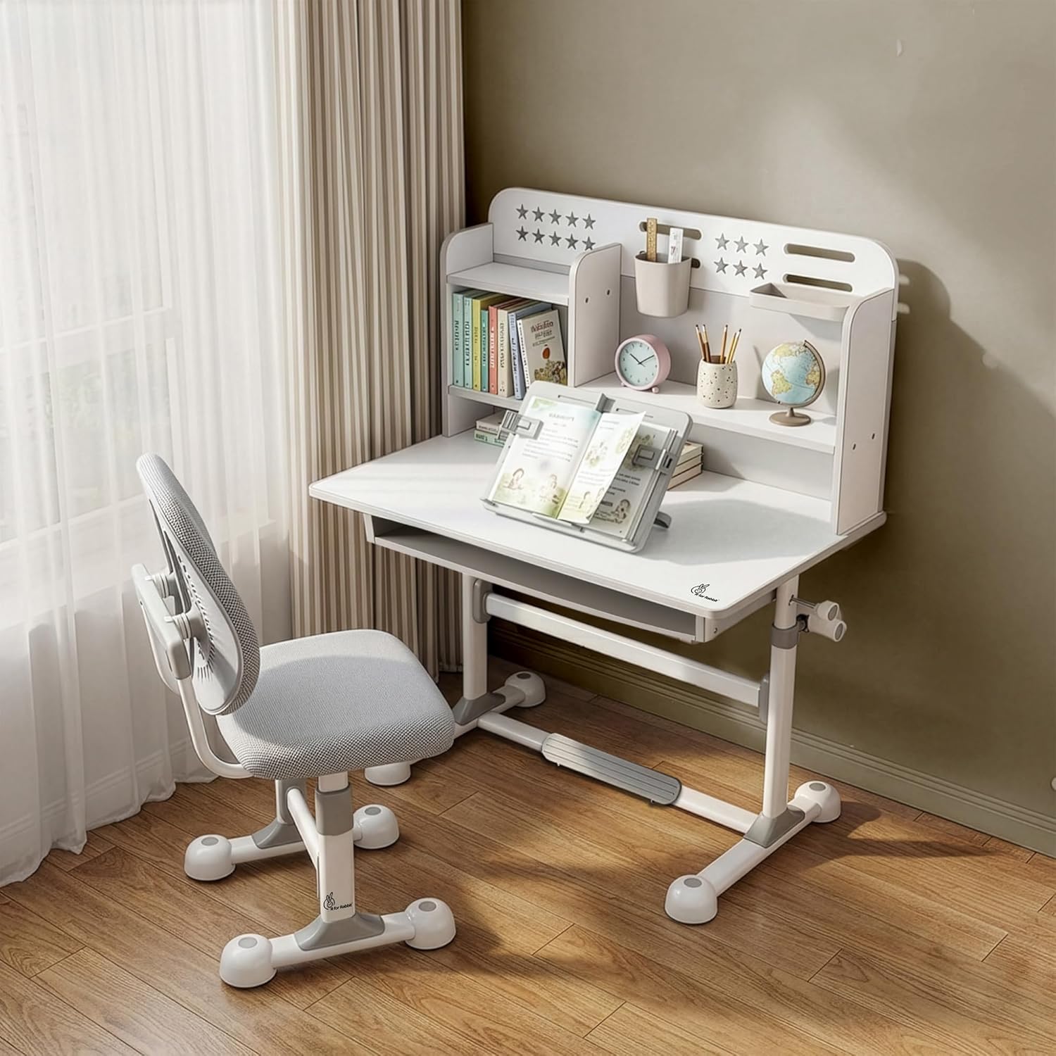 R for Rabbit Kiddie Grow Flex Kids Study Table & Chair Set | Height Adjustable Desk, Book Holder with Storage Shelves, Ergonomic Chair w/Cushioned Seat | Children Learning for 3-15 Years (Grey White)