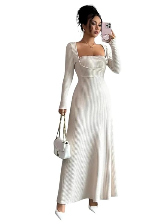 Square Neck Full Sleeve Full Length Dress for Women