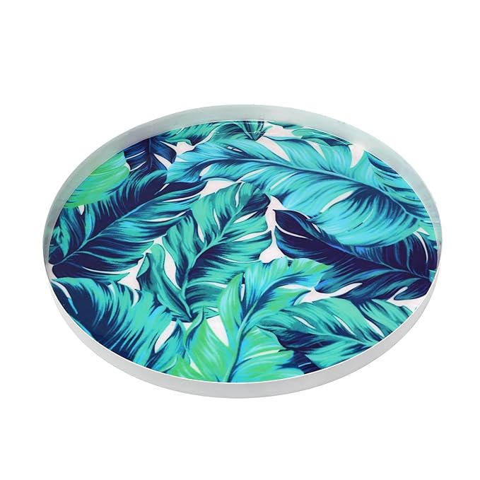 PARAMI Island Palm Metal Plate | Handcrafted Tropical Leaf Decorative Metal Tray with Glossy Enamel Finish | Round Serving & Festive Gifting Platter for Modern Home Décor