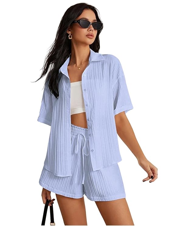 Leriya Fashion Co-ord Set for Women Stylish Solid Poly Lycra Cotton | Textured Pyjama Set For Woman Travel Beach & Holiday Look | Oversized Loose Fit Trendy Top & Shorts for Summer Day Vacation
