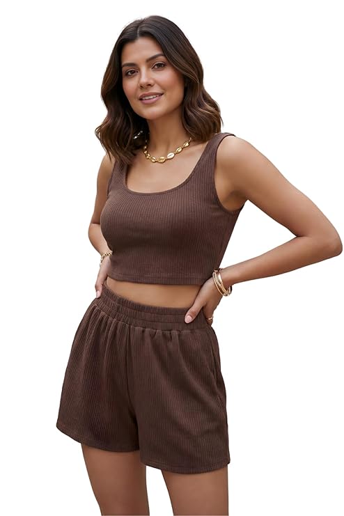 Leriya Fashion Summer Co ord Set for Women Stylish | Western Two Piece Travel Beach & Holiday Outfits | Pyjama Set & Night Suit for Women Lounge | Casual Summer 2 Piece Crop Top Sleeveless Shorts Set