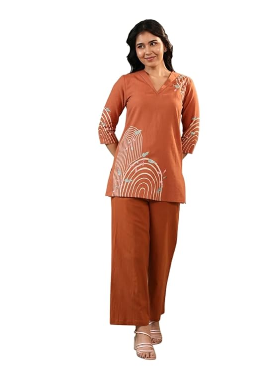 Amazon Brand - Tavasya Womens Embroidered Solid Rust Co-Ord Set