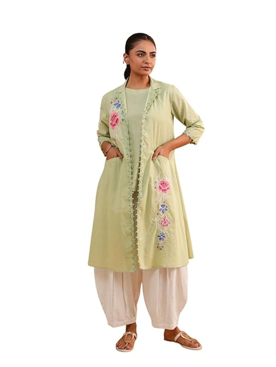 Amazon Brand - Tavasya Womens Floral Embroidery 3 Piece Cord Set with Pockets | 3/4th Sleeve | Salwar Suit | Dhoti Pant | Ethnic & Casual Wear