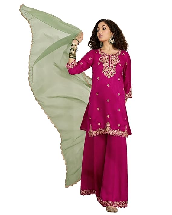 Amazon Brand - Tavasya Women Vichitra Silk Zari Sequence Cording Embroidered Kurta Set | Kurta Set | Ethnic Wear