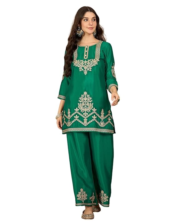 Amazon Brand - Tavasya Women Silk Blend Zari Sequence Thread Embroidered Kurta With Palazzo |Ethnic Wear