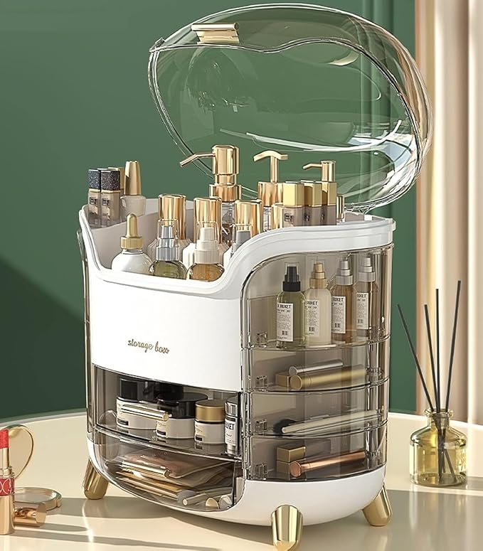 Boniry Makeup Organizer Box | Countertop Cosmetic Organizer for Woman | Transparent Clear Makeup Organizer Box | Organize for Cosmetic Products (White)