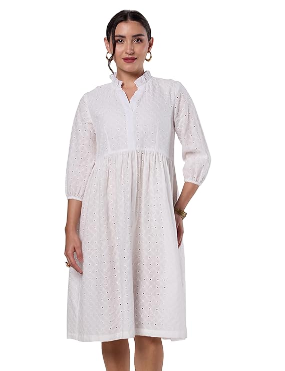 Amazon Brand - Myx Women's Schiffli Embroidery Ethnic Dress | Fit and Flare | Knee Length (Available in Plus Sizes)