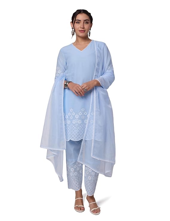 Amazon Brand - Myx Women's Pure Cotton Schiffli Embroidered Kurta Set with Dupatta (Available in Plus Sizes)