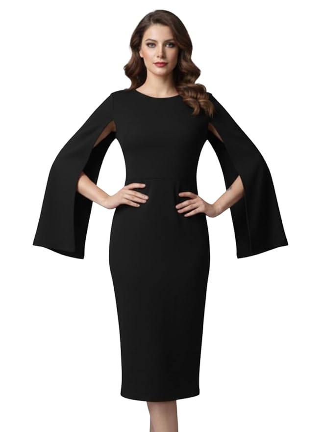 GRECIILOOKS Women’s Solid Bodycon Midi Dress | Cape Sleeve Round Neck Western Party Dress