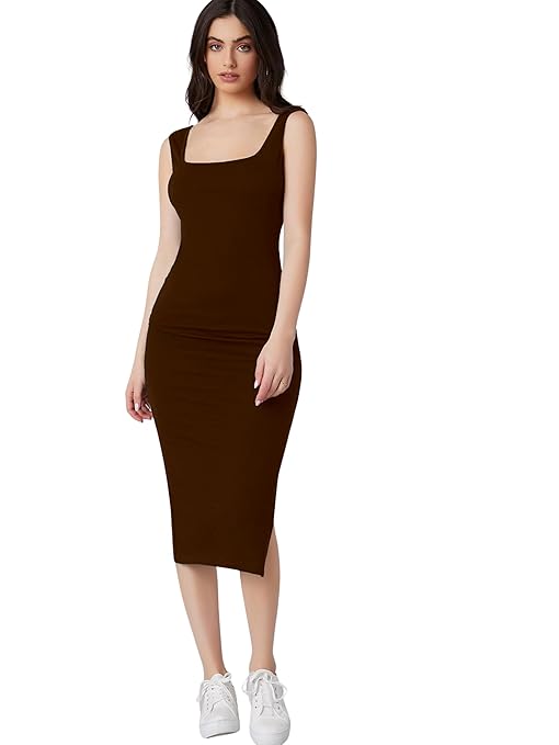 Aahwan Royal Solid Bodycon Square Neck Midi Side Split Thigh Dress for Women's & Girl's