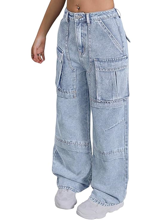 GRECIILOOKS Women Cargo | High Rise Baggy Jeans for Stylish Denim Pants