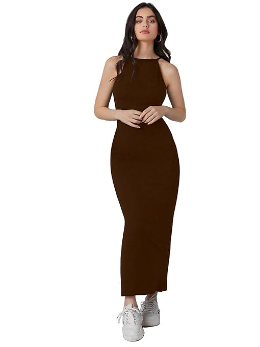 Aahwan Pink Solid Halter Neck Solid Bodycon Midi Dress for Women's & Girl's