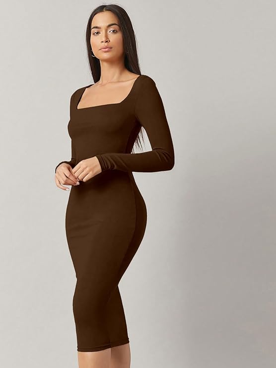 Aahwan White Solid Square Neck Solid Midi Bodycon Dress for Women's & Girl's