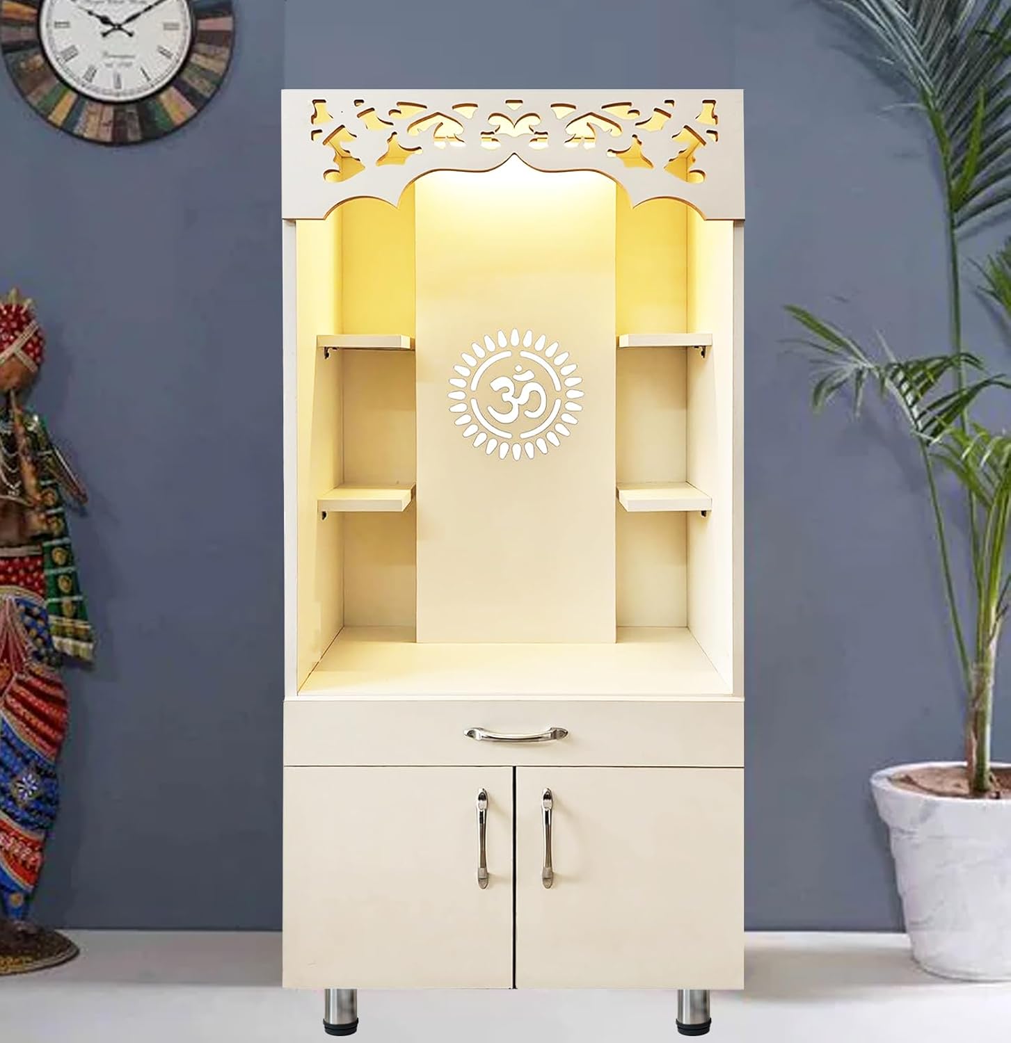 Alpine Willow Wooden Temple for Home (Pre-Assembled) Corian Design mandir I Pooja Mandir Unit I Dev ghar I Puja ghar I Puja Stand (Frosty White, 2 X 4 FT)