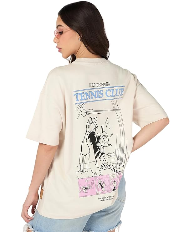 Bewakoof Official Disney Merchandise Women's Graphic Print Oversized Fit Half Sleeve Round Neck Pure Cotton T-Shirt